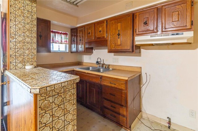 2605 Fayette St, Mckeesport, PA 15132 - kitchen featuring under cabinet range hood, a sink, and brown cabinets