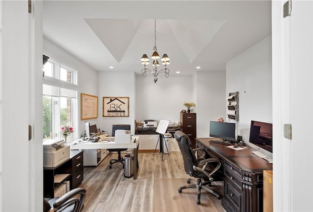 323 Snowberry Cir, Peters Twp, PA 15367 - office area featuring light wood finished floors, a chandelier, recessed lighting, and vaulted ceiling