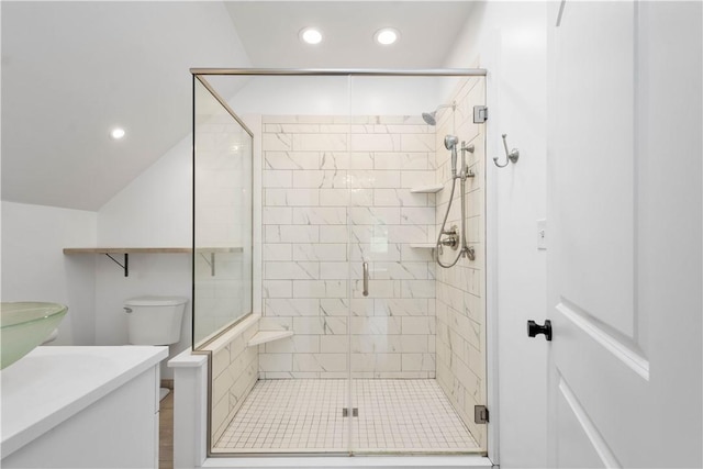 323 Snowberry Cir, Peters Twp, PA 15367 - bathroom featuring recessed lighting, toilet, a stall shower, vaulted ceiling, and vanity