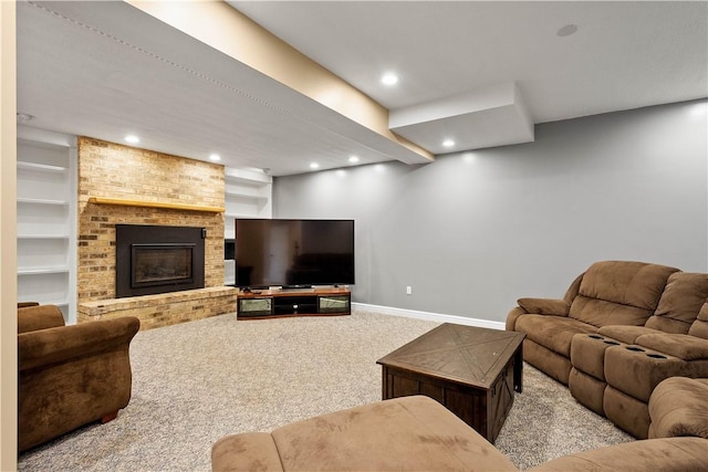 323 Snowberry Cir, Peters Twp, PA 15367 - carpeted living room with baseboards, recessed lighting, and a brick fireplace