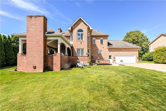 585 Agnes St, Hempfield Twp Wml, PA 15601 - view of front of home with concrete driveway, a front lawn, brick siding, a garage, and a chimney