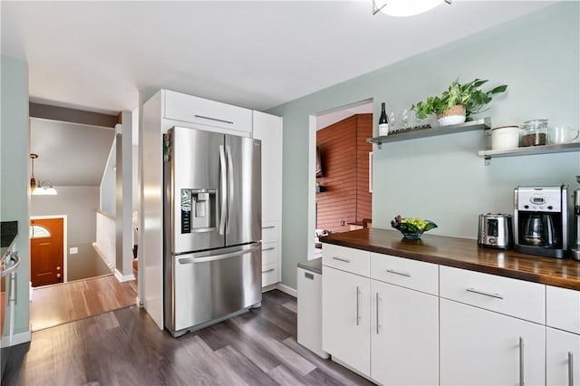 15 Fawnridge Dr, Robinson Twp Nwa, PA 15136 - kitchen with stainless steel fridge with ice dispenser, butcher block counters, open shelves, and dark wood-type flooring
