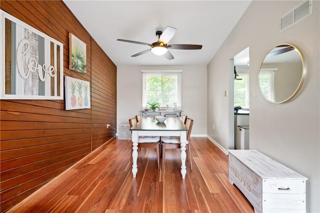 15 Fawnridge Dr, Robinson Twp Nwa, PA 15136 - dining area featuring wooden walls, light wood-style flooring, ceiling fan, and baseboards