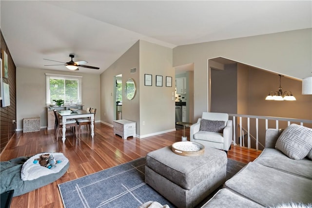 15 Fawnridge Dr, Robinson Twp Nwa, PA 15136 - living area with ceiling fan, vaulted ceiling, wood finished floors, a chandelier, and baseboards