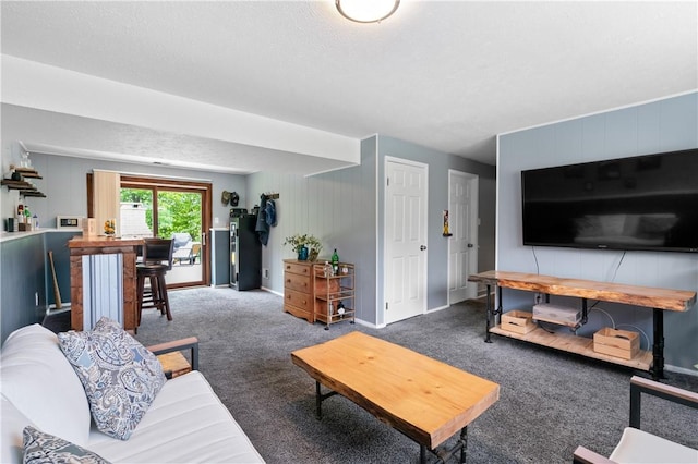 15 Fawnridge Dr, Robinson Twp Nwa, PA 15136 - carpeted living area featuring baseboards, a textured ceiling, wooden walls, and bar