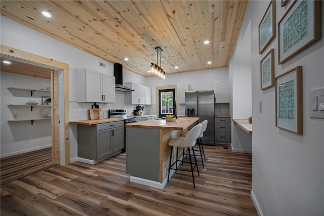 103 Depot St, Midway, PA 15060 - kitchen with wood counters, stainless steel appliances, wall chimney range hood, gray cabinetry, and a breakfast bar