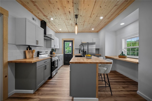 103 Depot St, Midway, PA 15060 - kitchen featuring wooden counters, stainless steel appliances, gray cabinetry, recessed lighting, and healthy amount of natural light