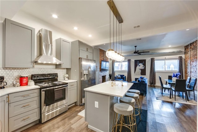 514 Knoll St, Central North Side, PA 15212 - kitchen with stainless steel appliances, wall chimney exhaust hood, gray cabinetry, wood finished floors, and a center island