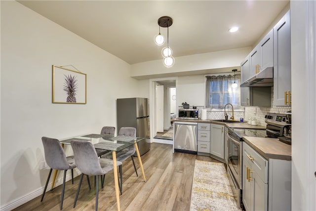 514 Knoll St, Central North Side, PA 15212 - kitchen with stainless steel appliances, a sink, under cabinet range hood, gray cabinetry, and decorative backsplash