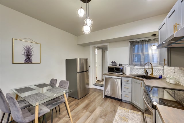 514 Knoll St, Central North Side, PA 15212 - kitchen featuring stainless steel appliances, a sink, backsplash, light wood-style floors, and decorative light fixtures