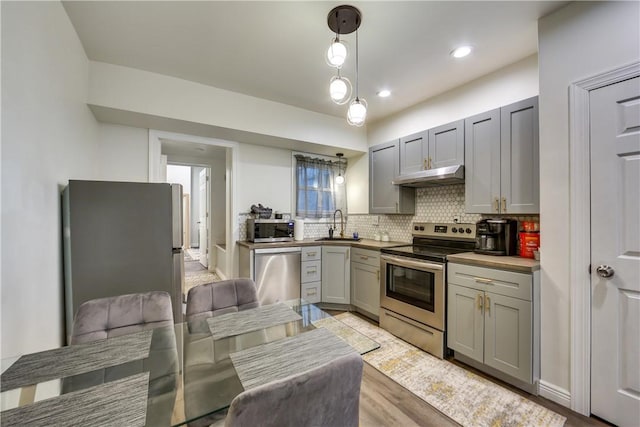 514 Knoll St, Central North Side, PA 15212 - kitchen with appliances with stainless steel finishes, under cabinet range hood, gray cabinets, decorative backsplash, and a sink