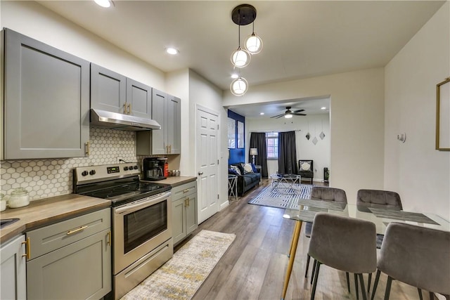 514 Knoll St, Central North Side, PA 15212 - kitchen with stainless steel electric stove, under cabinet range hood, tasteful backsplash, light wood-type flooring, and recessed lighting