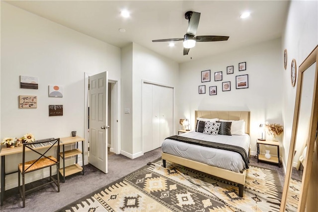 514 Knoll St, Central North Side, PA 15212 - carpeted bedroom with a closet, baseboards, recessed lighting, and ceiling fan