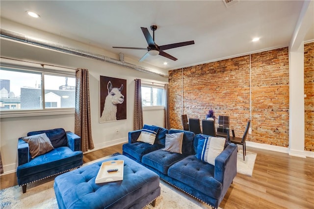 514 Knoll St, Central North Side, PA 15212 - living room with a ceiling fan, brick wall, wood finished floors, baseboards, and recessed lighting