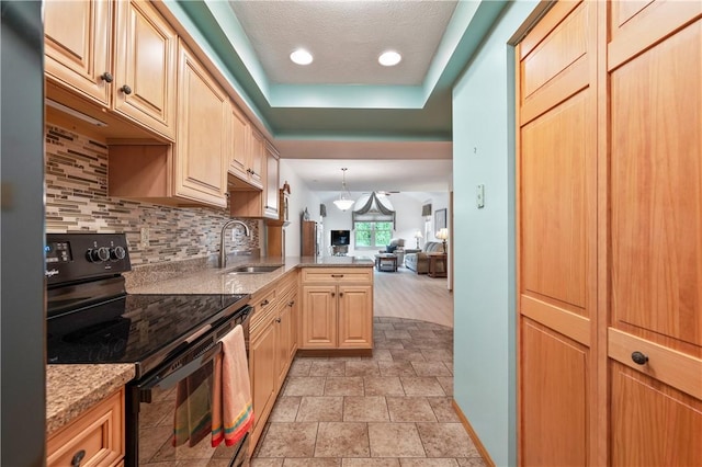22 Ashford Dr, Cranberry Twp, PA 16066 - kitchen featuring black range with electric stovetop, a sink, tasteful backsplash, open floor plan, and a peninsula