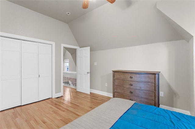 4232 Sherrod St, Lawrenceville, PA 15201 - bedroom featuring lofted ceiling, light wood-style floors, baseboards, ceiling fan, and a closet