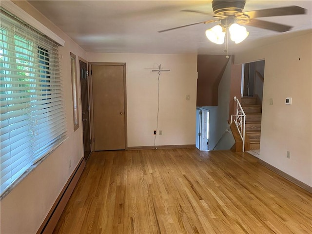 501 Kingsley Ave, Brentwood, PA 15227 - unfurnished living room featuring wood finished floors, ceiling fan, baseboard heating, stairway, and baseboards