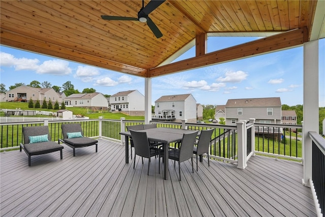 3005 Sir Charles Dr, Cecil, PA 15057 - wooden deck featuring a residential view, outdoor dining space, ceiling fan, and a yard