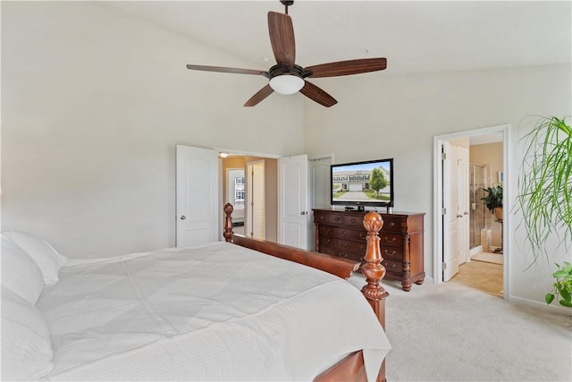 2282 Flint Dr, South Strabane, PA 15301 - bedroom with light carpet, a ceiling fan, a high ceiling, and connected bathroom