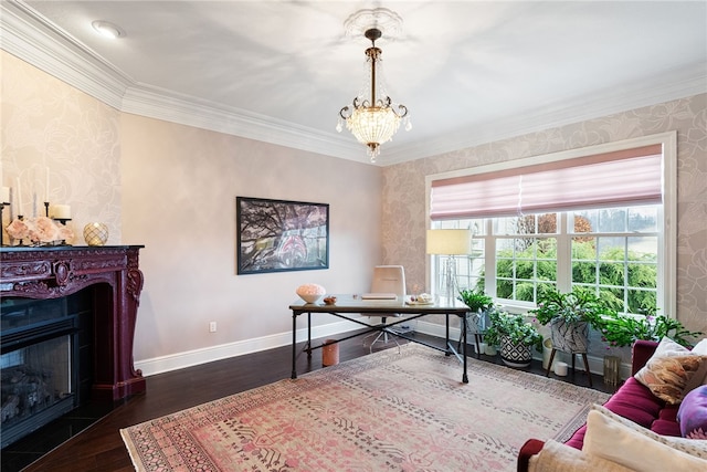 506 Villa Dr, Peters Twp, PA 15367 - office area with wallpapered walls, baseboards, dark wood finished floors, crown molding, and a chandelier