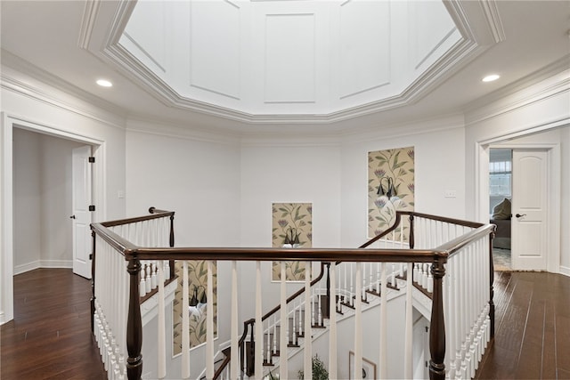 506 Villa Dr, Peters Twp, PA 15367 - hall featuring an upstairs landing, dark wood-type flooring, ornamental molding, recessed lighting, and baseboards