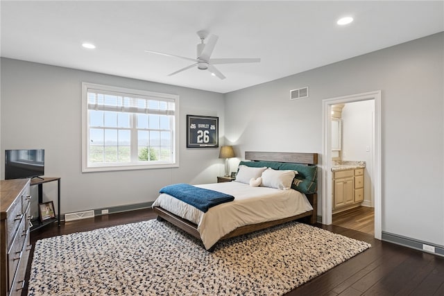 506 Villa Dr, Peters Twp, PA 15367 - bedroom with dark wood-style flooring, baseboards, recessed lighting, ensuite bath, and ceiling fan