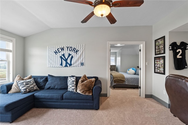 506 Villa Dr, Peters Twp, PA 15367 - living area with carpet floors, lofted ceiling, baseboards, and ceiling fan