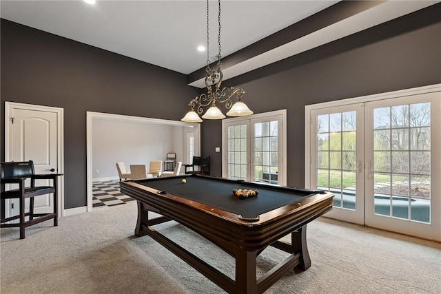 506 Villa Dr, Peters Twp, PA 15367 - game room featuring light carpet, french doors, pool table, recessed lighting, and baseboards