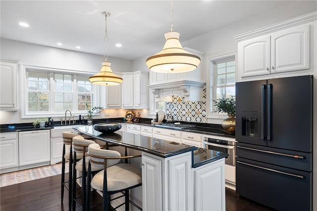 506 Villa Dr, Peters Twp, PA 15367 - kitchen featuring appliances with stainless steel finishes, dark countertops, white cabinets, and recessed lighting