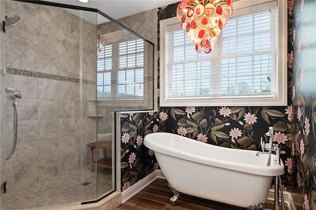506 Villa Dr, Peters Twp, PA 15367 - full bathroom featuring plenty of natural light, wood finished floors, a shower stall, and wallpapered walls