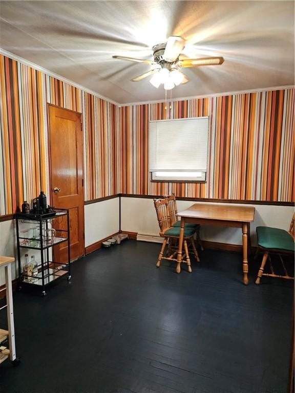 2318 Cottage Ave, Natrona Hts/Harrison Twp, PA 15065 - unfurnished dining area with ceiling fan, wallpapered walls, and dark wood-type flooring