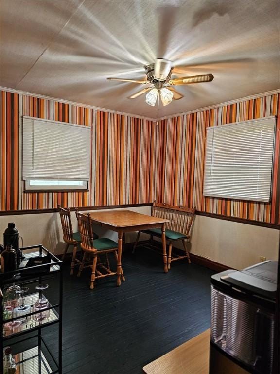 2318 Cottage Ave, Natrona Hts/Harrison Twp, PA 15065 - recreation room with wallpapered walls, wood finished floors, a ceiling fan, and baseboards