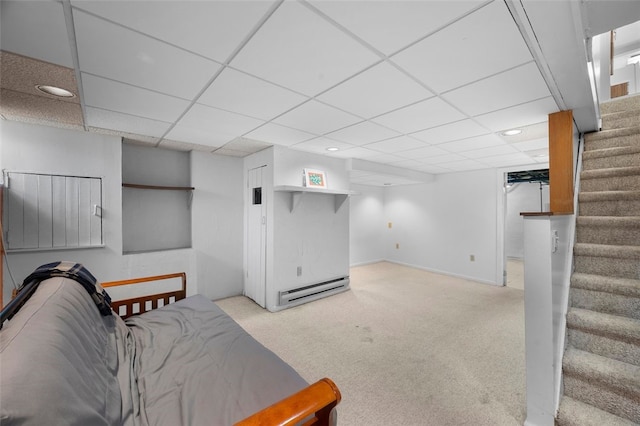 3983 Beechwood Blvd, Squirrel Hill, PA 15217 - finished below grade area featuring a baseboard radiator, stairs, carpet floors, a paneled ceiling, and recessed lighting