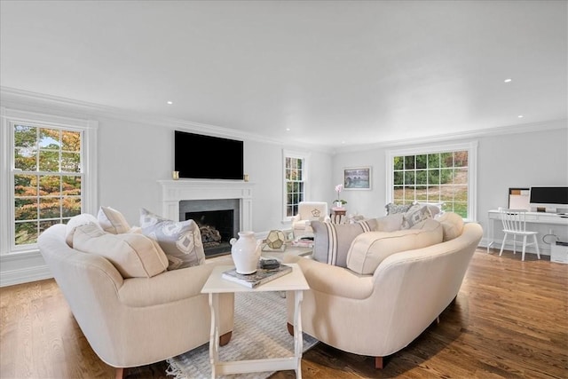 22 Woodland Rd, Edgeworth, PA 15143 - living area with ornamental molding, wood finished floors, a fireplace with flush hearth, and recessed lighting