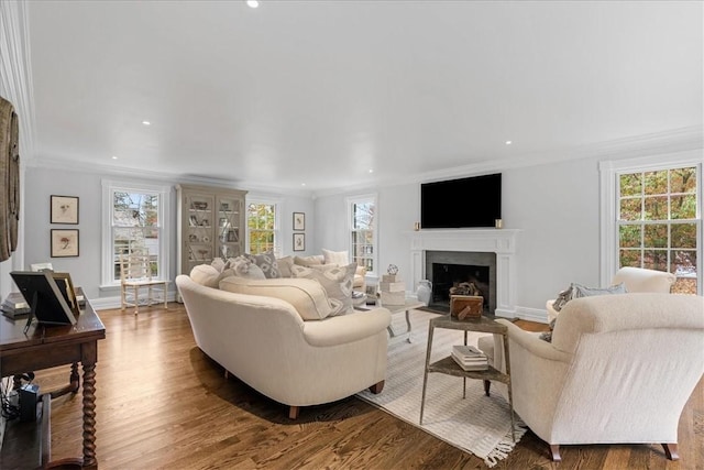 22 Woodland Rd, Edgeworth, PA 15143 - living area with ornamental molding, a fireplace with flush hearth, plenty of natural light, wood finished floors, and recessed lighting