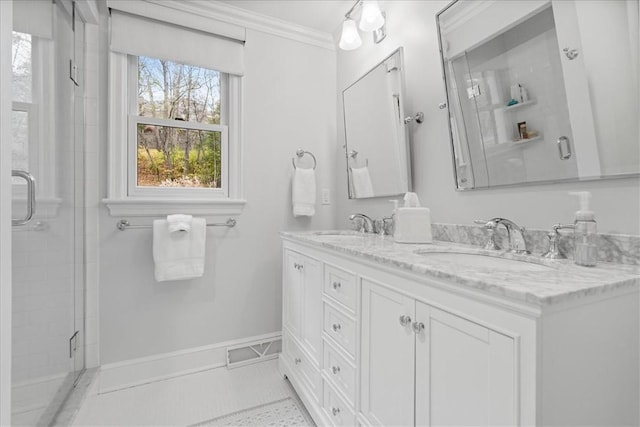 22 Woodland Rd, Edgeworth, PA 15143 - full bath featuring a stall shower, crown molding, and double vanity