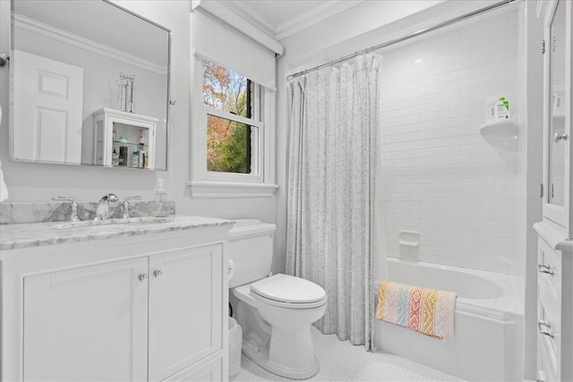 22 Woodland Rd, Edgeworth, PA 15143 - full bathroom with toilet, ornamental molding, shower / bath combo, vanity, and tile patterned flooring
