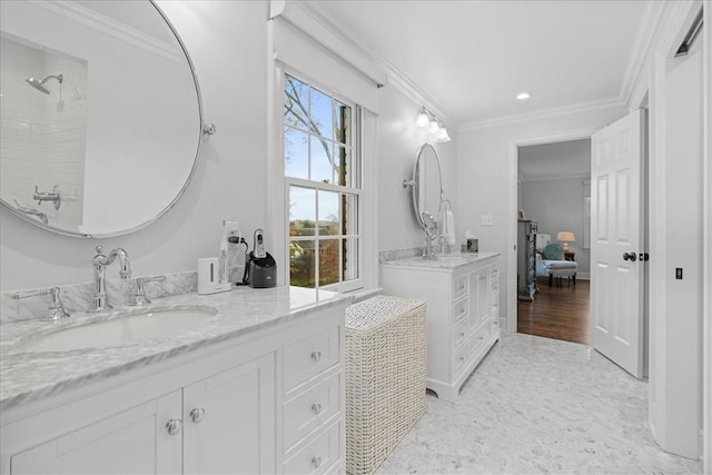 22 Woodland Rd, Edgeworth, PA 15143 - bathroom with two vanities, crown molding, recessed lighting, and tiled shower