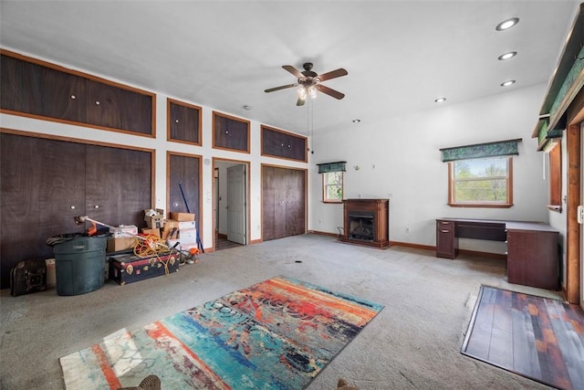146 Peters Ln, Winfield Twp, PA 16023 - carpeted living room with recessed lighting, ceiling fan, a fireplace, and baseboards