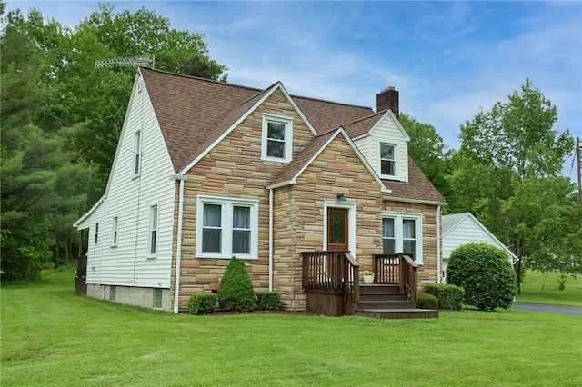 1265 Slippery Rock Rd, Liberty Twp, PA 16057 - view of front facade featuring stone siding, a front yard, a chimney, and a shingled roof