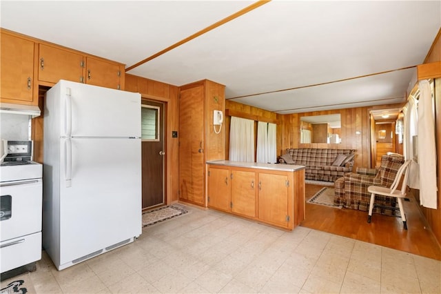 2265 State Route 982, Mount Pleasant Twp Wml, PA 15666 - kitchen with white appliances, wood walls, light floors, light countertops, and under cabinet range hood