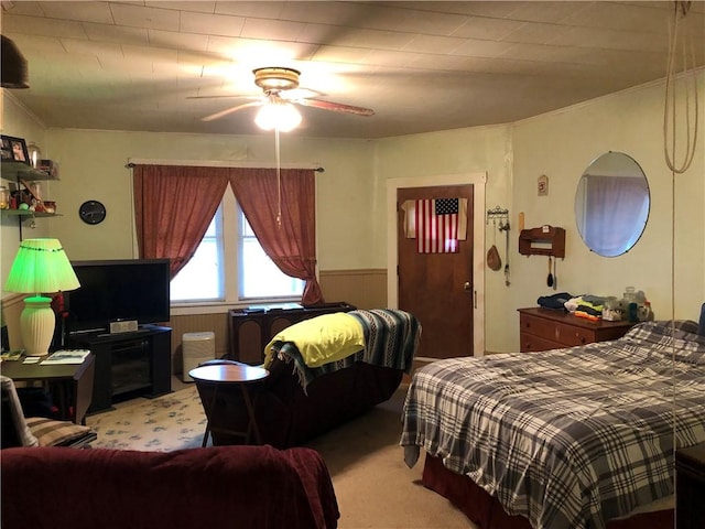 1 S Main St, Fairchance, PA 15437 - bedroom featuring light carpet, wainscoting, a ceiling fan, and crown molding