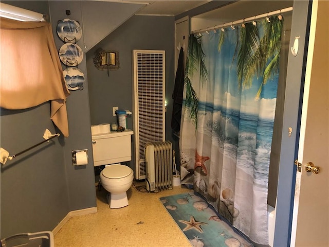 1 S Main St, Fairchance, PA 15437 - full bathroom with radiator, a heating unit, curtained shower, and toilet