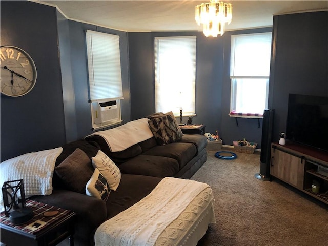 1 S Main St, Fairchance, PA 15437 - living area featuring cooling unit, carpet, a chandelier, baseboards, and ornamental molding