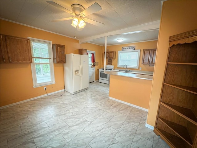 126 W Boyd Ave, City Of But Se, PA 16001 - kitchen featuring white appliances, a sink, brown cabinetry, ornamental molding, and light marble finish flooring