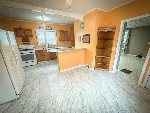 126 W Boyd Ave, City Of But Se, PA 16001 - kitchen featuring white appliances, baseboards, a sink, brown cabinets, and ornamental molding