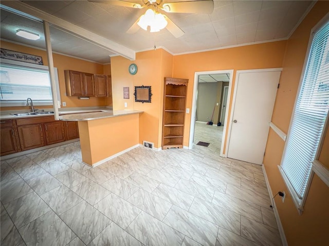 126 W Boyd Ave, City Of But Se, PA 16001 - kitchen with a sink, baseboards, brown cabinets, ornamental molding, and a ceiling fan
