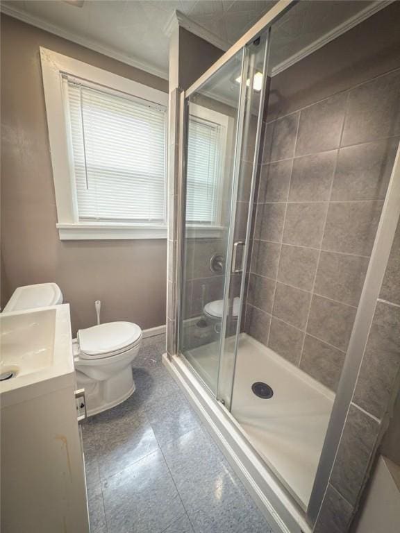 126 W Boyd Ave, City Of But Se, PA 16001 - bathroom featuring toilet, ornamental molding, a shower stall, vanity, and granite tiled floors
