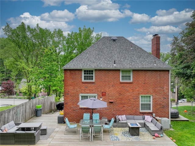216 Siebert, Ross Twp, PA 15237 - back of property with an outdoor living space with a fire pit, brick siding, roof with shingles, and a chimney