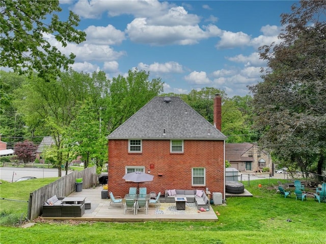 216 Siebert, Ross Twp, PA 15237 - rear view of property with an outdoor hangout area, brick siding, a chimney, roof with shingles, and a patio area